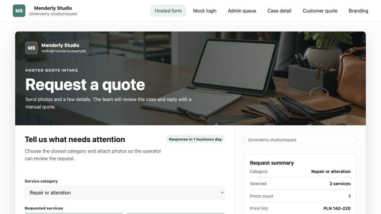 Hosted request form preview with service selection and request summary